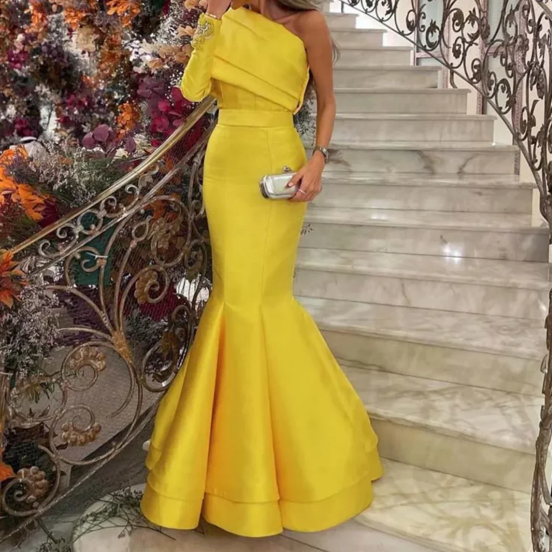 Charmante robe de soirée sirène en Satin, manches longues, dubaï, jaune, asymétrique épaule dénudée, arabie saoudite, robes de soirée personnalisées