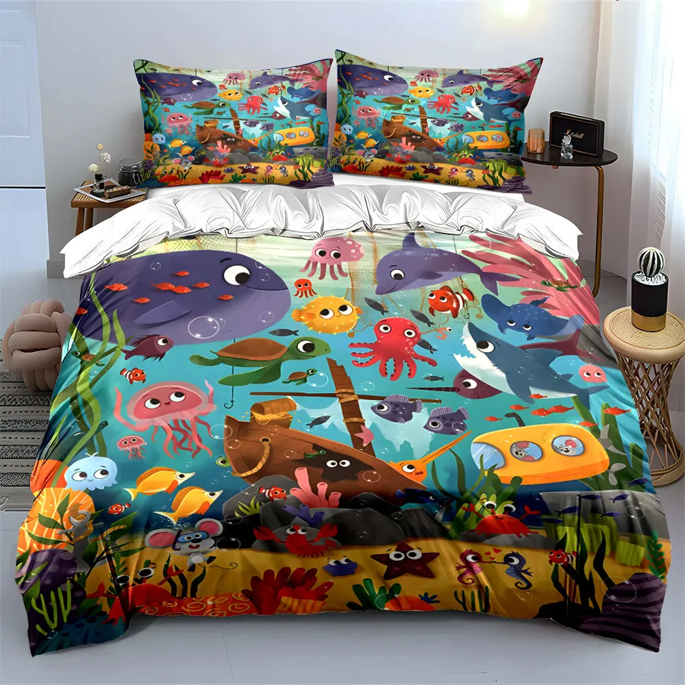 Colorful underwater cartoon scene. Print Bedding Set 1 Duvet Cover 2 Pillowcases for Adult and Children Luxury Gift Full Size
