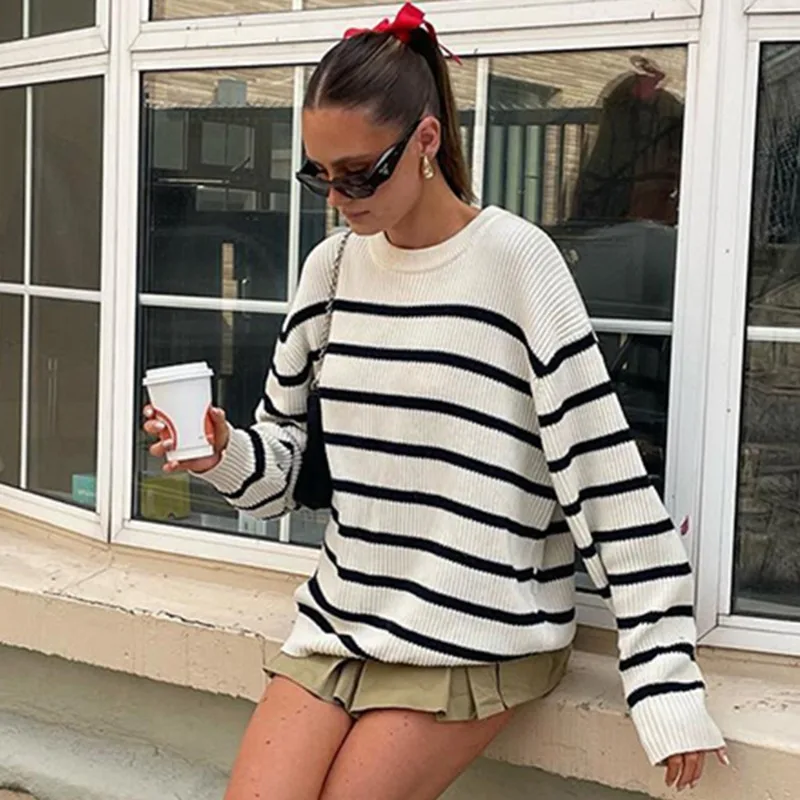 Tuularose mode rayé tricot pulls nouveau ample décontracté chaud tricoté pulls automne hiver nouveau banlieue Chic femmes pull