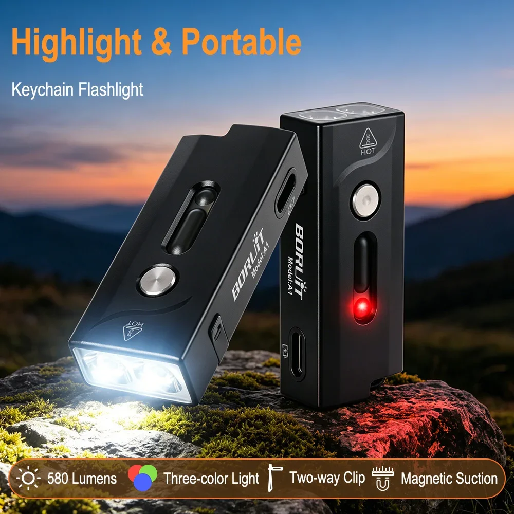BORUiT Mini EDC RGB Keychain Light 600LM USB Rechargeable Torch Pen Clip Waterproof Colorful Flashlight Camping Fishing Gift