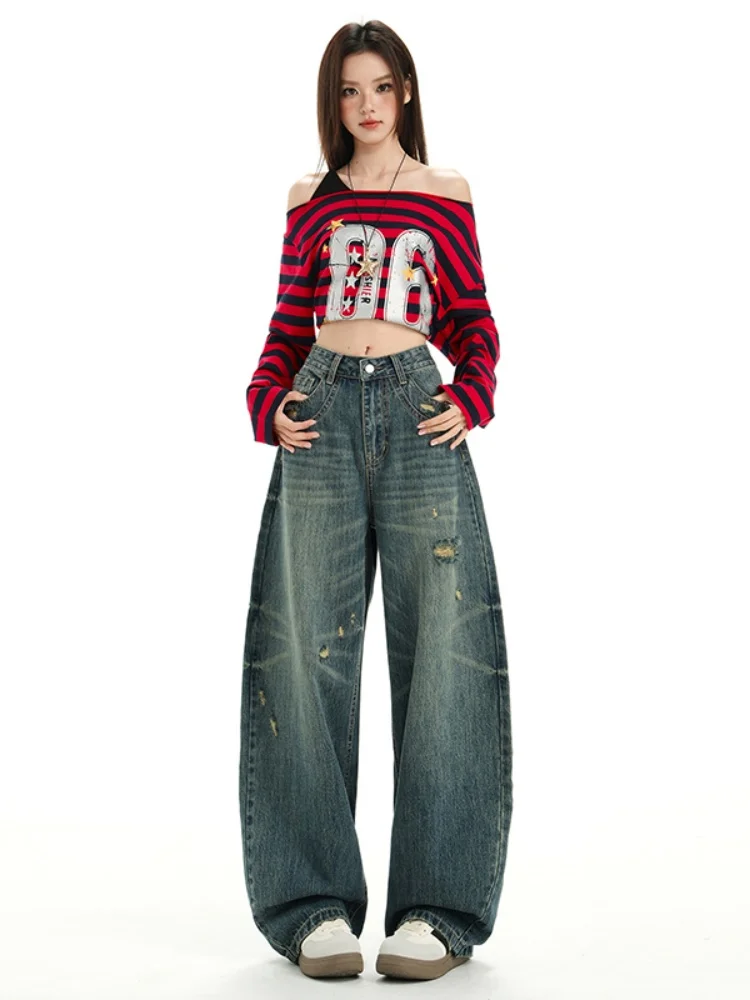 Otoño de 2025 nuevos pantalones vaqueros desgastados vintage para mujer con diseño de cintura alta, piernas largas, ropa de calle, estilo moderno y fresco