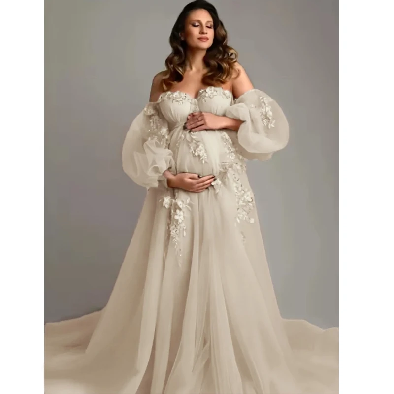 Gaun Hamil Hasil Jahitan Tangan - Gaun Tulle Transparan Tanpa Tali Bahu dengan Aplikasi Bordir untuk Acara Baby Shower & Pemotretan Kehamilan