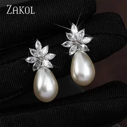 ZAKOL Stylish 12mm Imitation Pearl Water Drop Dangle Earrings for Women Sparking Flower Wedding Bride Trendy Jewelry