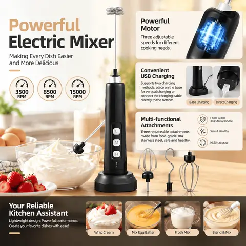 Mini USB Rechargeable Electric Mixer and Milk Frother, Handheld Whisk with 3 Speed Settings and Multiple Attachments for Coffee Cappuccino Latte Matcha Egg White Smoothie Whipping Cream, Portable Kitchen Tool for Mixing, Baking and Home Food Preparation