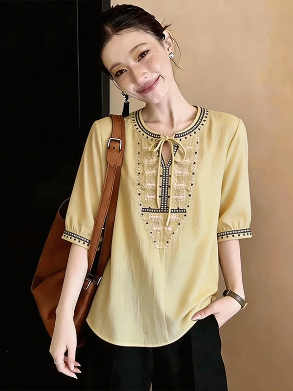 

Large Size Color Block Design V-Neck Loose Belly Covering Shirt Women's Fashion Summer New Style Korean Version Breathable ...