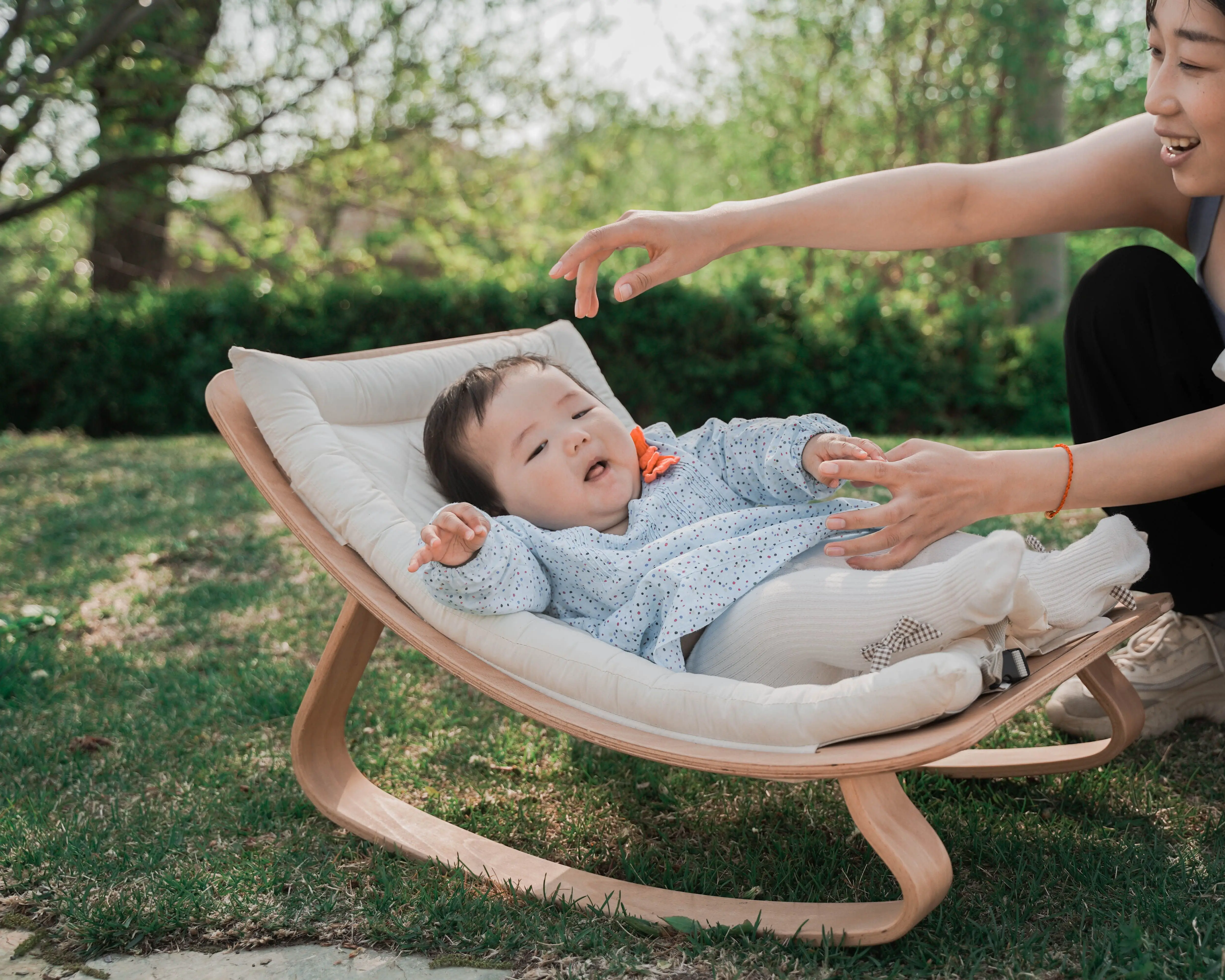 Baby Rocker, Baby Bouncer and Wooden Recliner for Toddler, Rocking Chair for Baby with Cushion Booster Seat Belt, 3-in-1 Convert