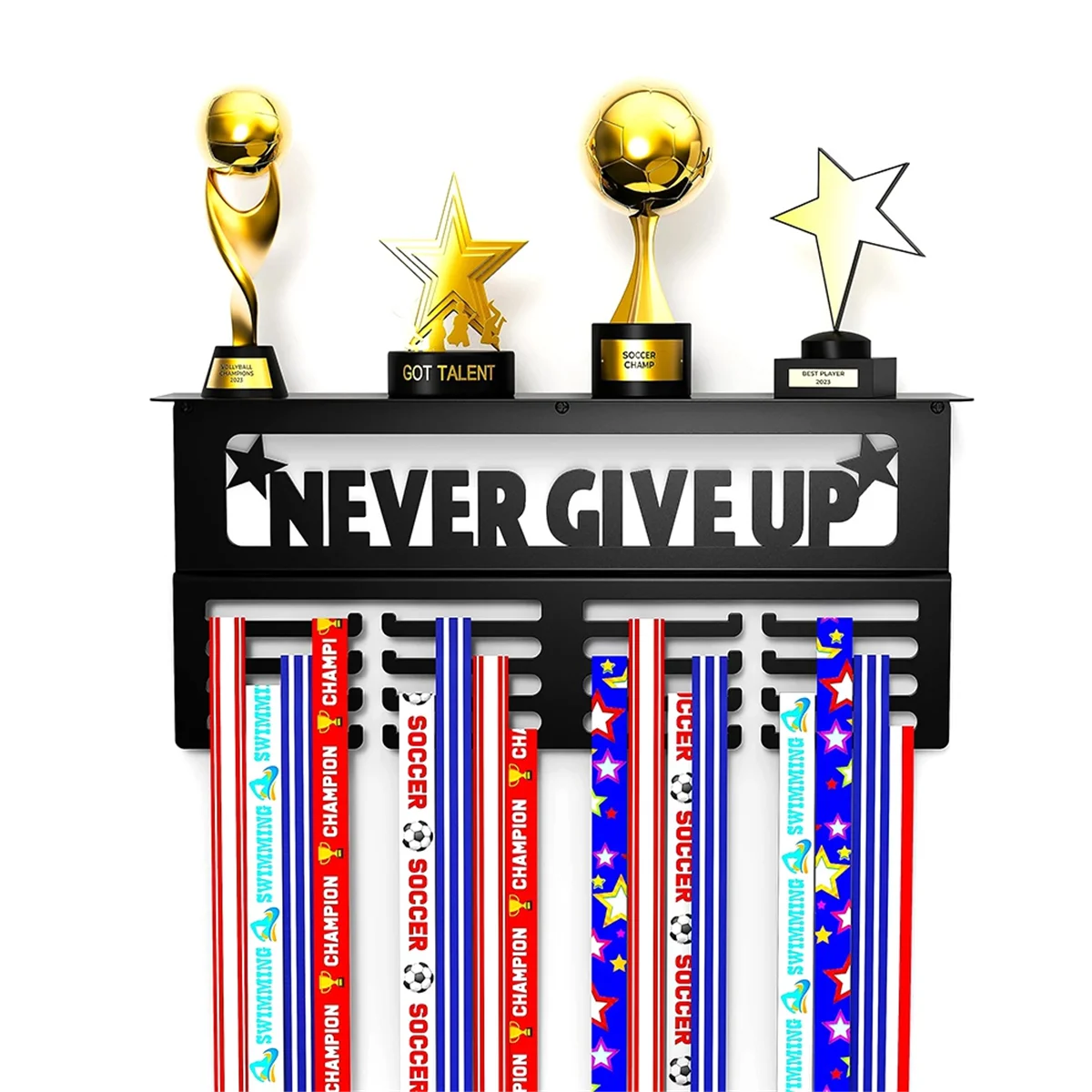 Never Give Up Medal Hanger Display with Shelf - Easy Install Carbon Steel Trophy and Medal Display Shelf,B