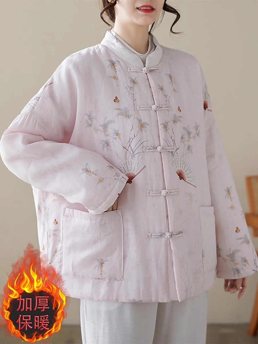 

Хлопковая куртка на пуговицах в китайском стиле ретро для женщин, осень-зима 2025 года, короткое стеганое пальто с воротником-стойкой и принтом, верхняя одежда w230