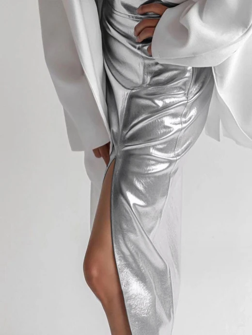 Eleganter langer Rock jährlich neue heiß verkaufte Mode lässig Silber Kunstleder futuristisch hohe Taille geteilten Rock