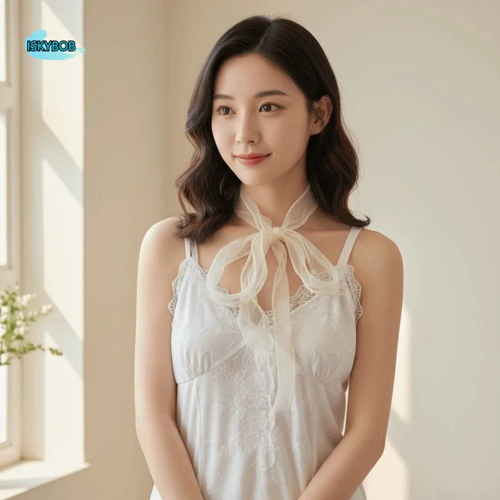 

Breathable Pearls Lace Long Scarf Lightweight Large Wave Flower Shape Neck Decoration Scarf Black Long Thin Ribbon Waistband