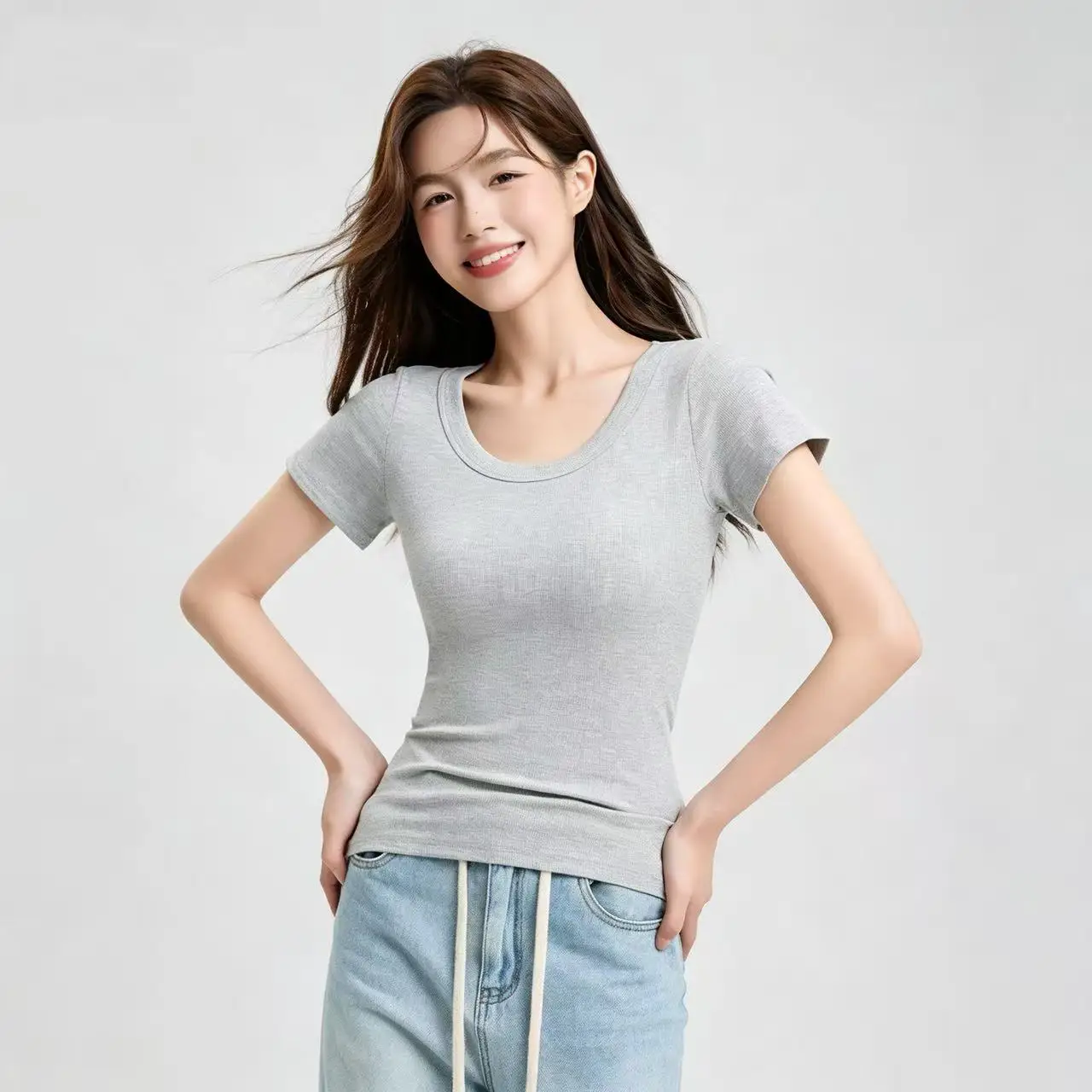 

Premium Women's Solid Crew Neck Slim Pure Cotton Basic Tee Versatile Commute Casual Top
