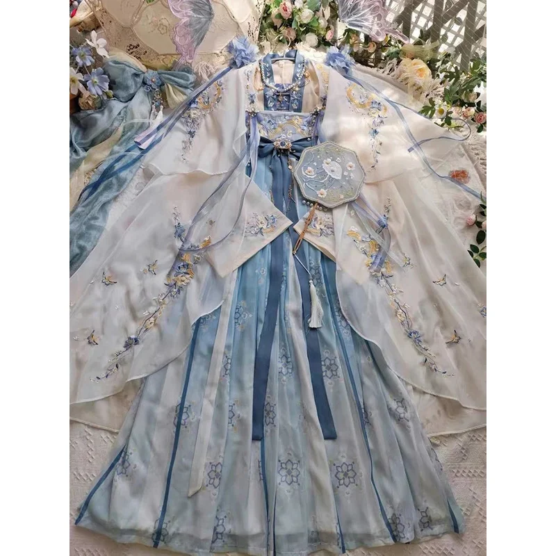 

DY20Hanfu платье женское древнее китайское традиционное платье с вышивкой Hanfu женская фея косплей костюм летнее платье синее Hanfu для женщин
