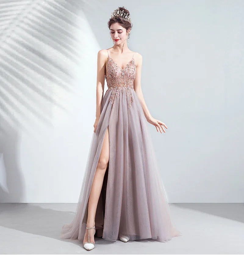 2024 New Elegant Sexy Pink V Neck Long Slip Evening Dress Applique Split Tulle Perspective A-line Prom Dress Party Evening Dress