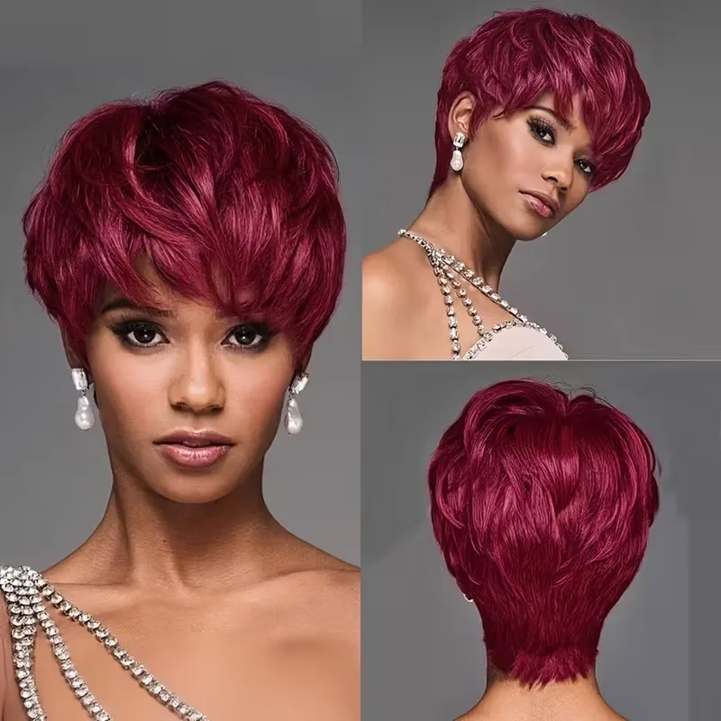 

Burgundy Red Short Pixie Cut wig Straight Bob 100% Human Hair Wigs With Bangs Full Machine-Made Wig For Women