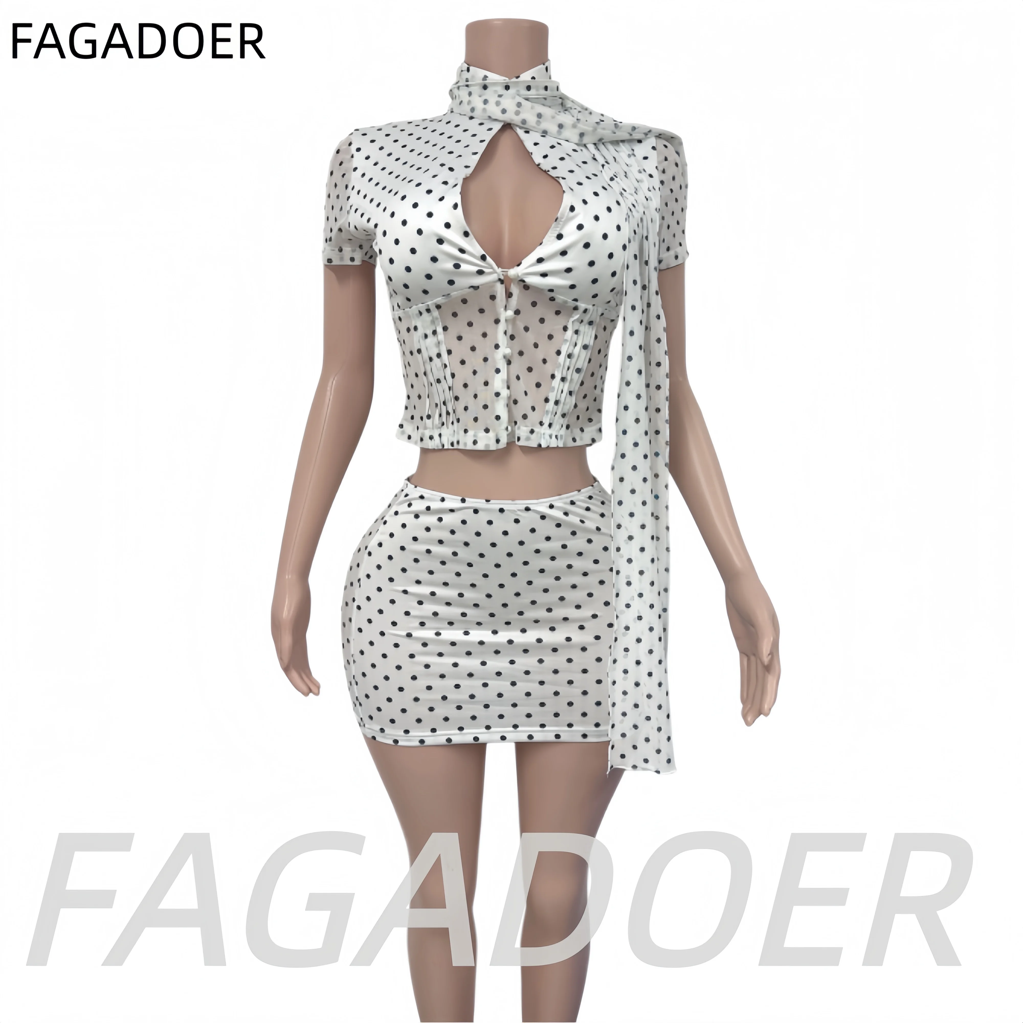 FAGADOER Sexy Polka Dot Hollow Out 3 Piece Sets Women Scarf + Ruched Stand Collar Crop Top and Mini Skirt Outfits Streetwear view 5