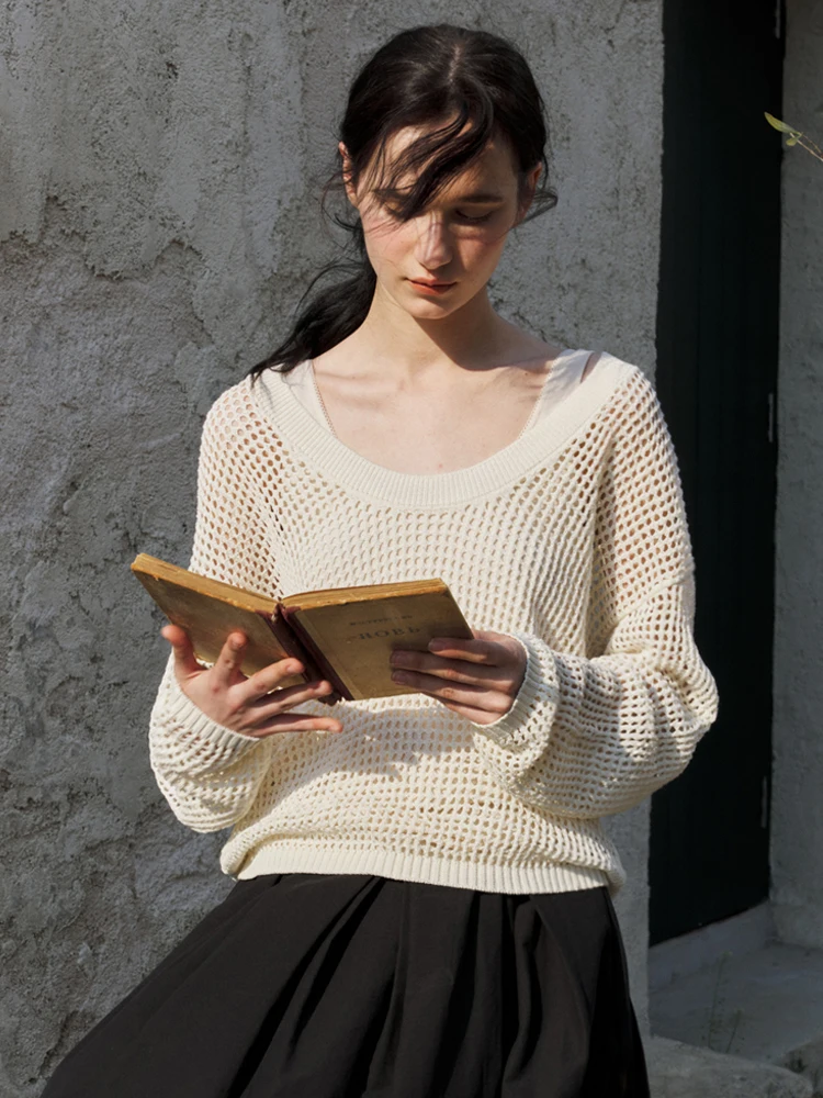 

Женская хлопковая вязаная кофта Cui Moon с U-образным вырезом, ажурной текстурой и длинными рукавами, из коллекции Emp Island And Paper Cloud Silk Long.