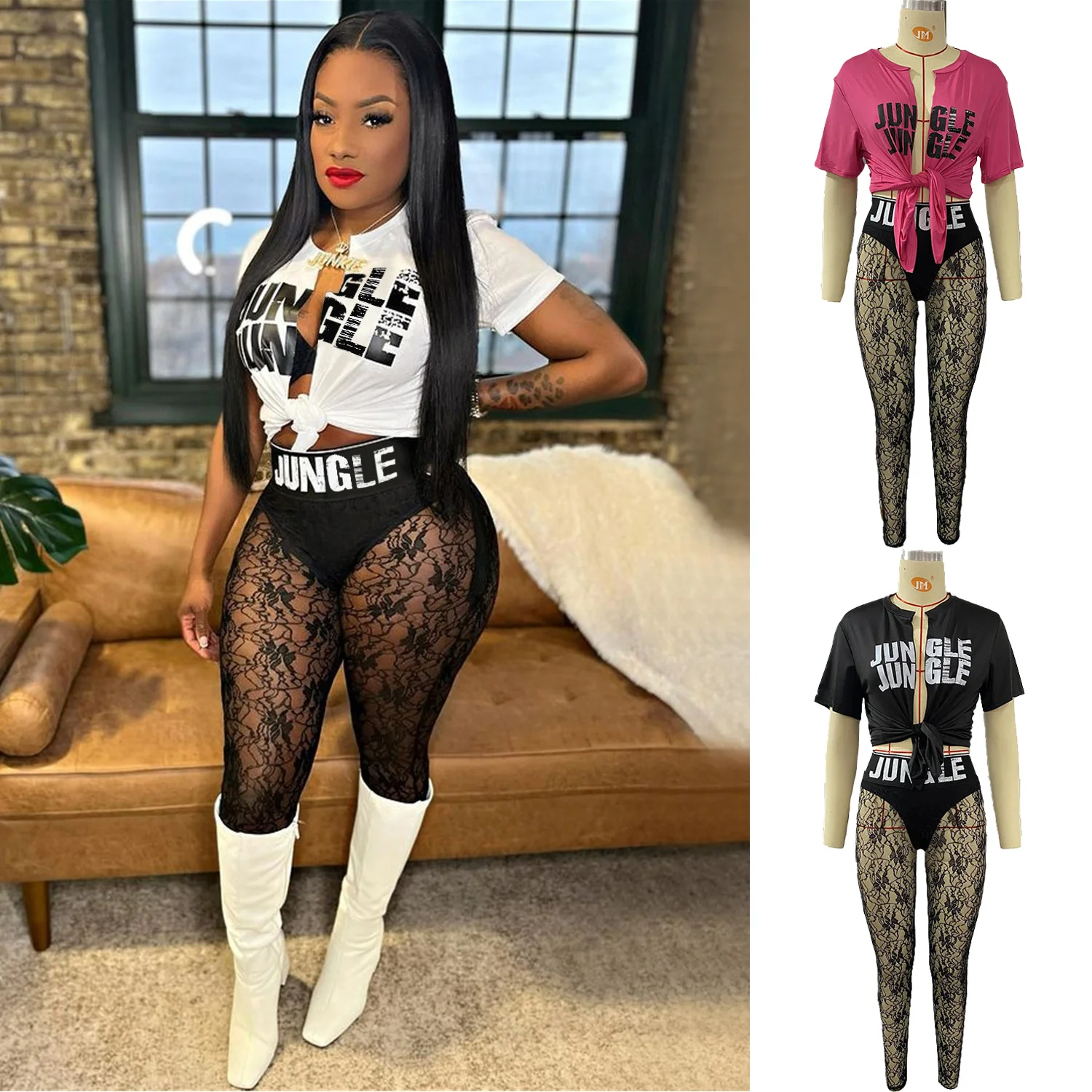 

Echoine 2022 Women Letter Print Sexy 2 Two Piece set T-Shirt Cardigan Top Lace See Through Patchwork Trousers Party Streetwear