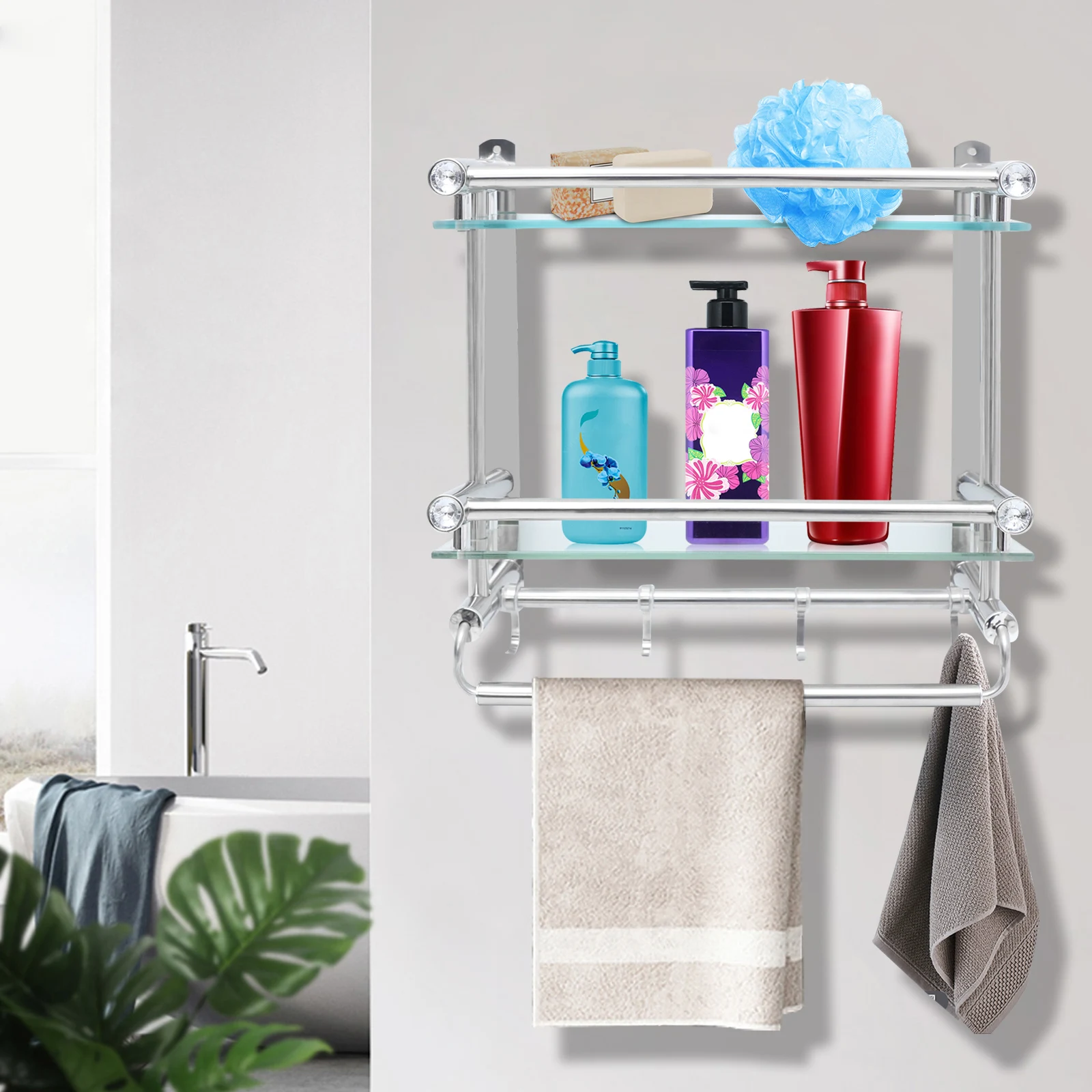 Towel Rack 3 Tier Wall Mounted Bathroom Storage Glass Shelf with Towel Bar