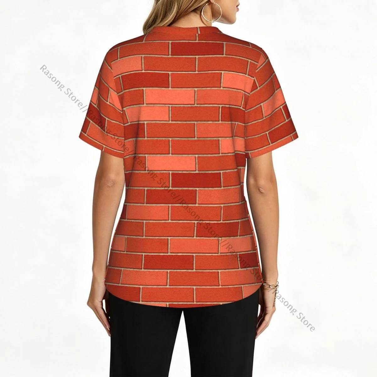 Red Brick Wall Scrubs Medical Uniforms Women V Neck Short Sleeve Tunic Scrubs Tops Nursing Surgical Uniforms