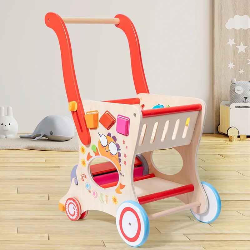 LazyChild Multifunctional Wooden Shopping Cart Push Toy For Kids Toddler Walking Pretend Supermarket Trolley