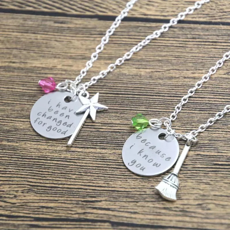 Wicked the Musical Inspired Elphaba and Galinda 'because i know you' BFF Necklaces Magic Wand Broom Charm Jewelry Gift