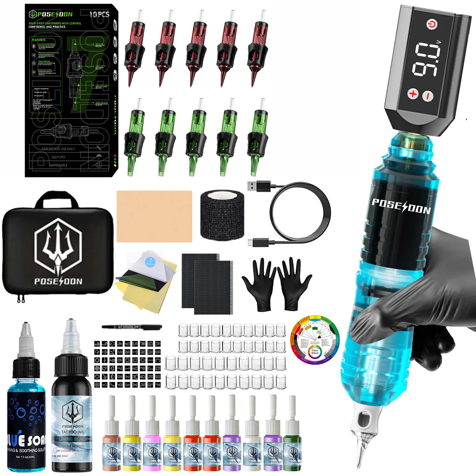 POSEIDON Tattoo Kit Or Tattoo Machine V7 Tattoo Kit For Permanent Makeup Tattoo Machine Kit Blue Tattoo Power Supply Tattoo Kit