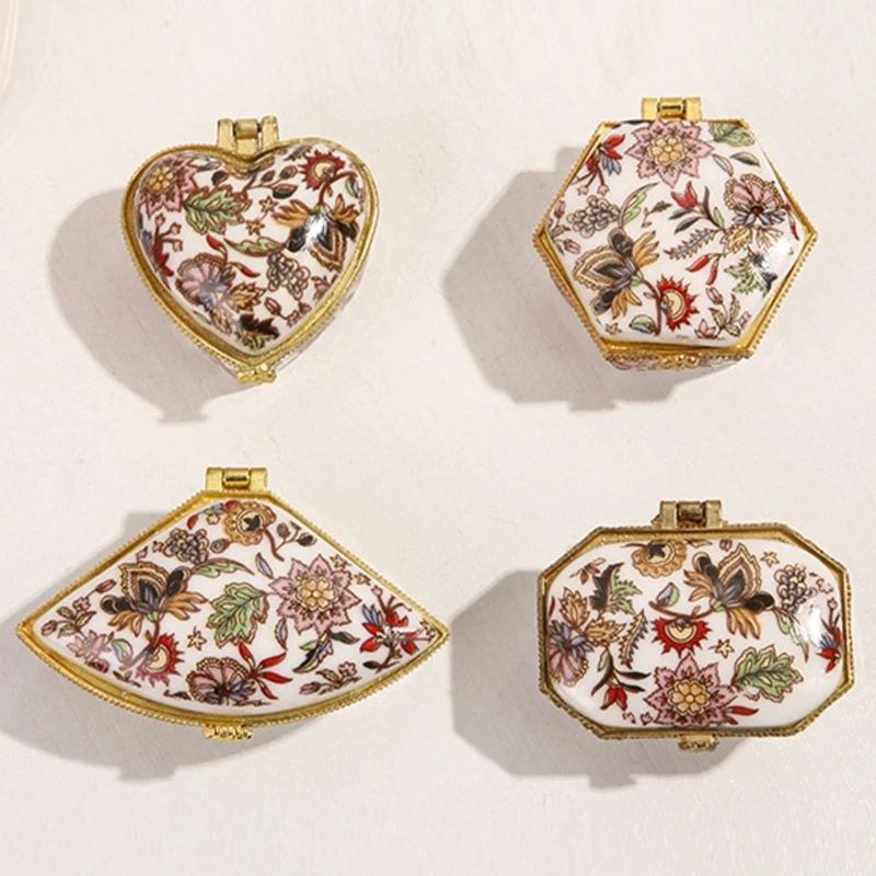 Set of 4 Porcelain Keepsakes Boxes Small Hinged Lid Ceramic Jewelry Holder Cases