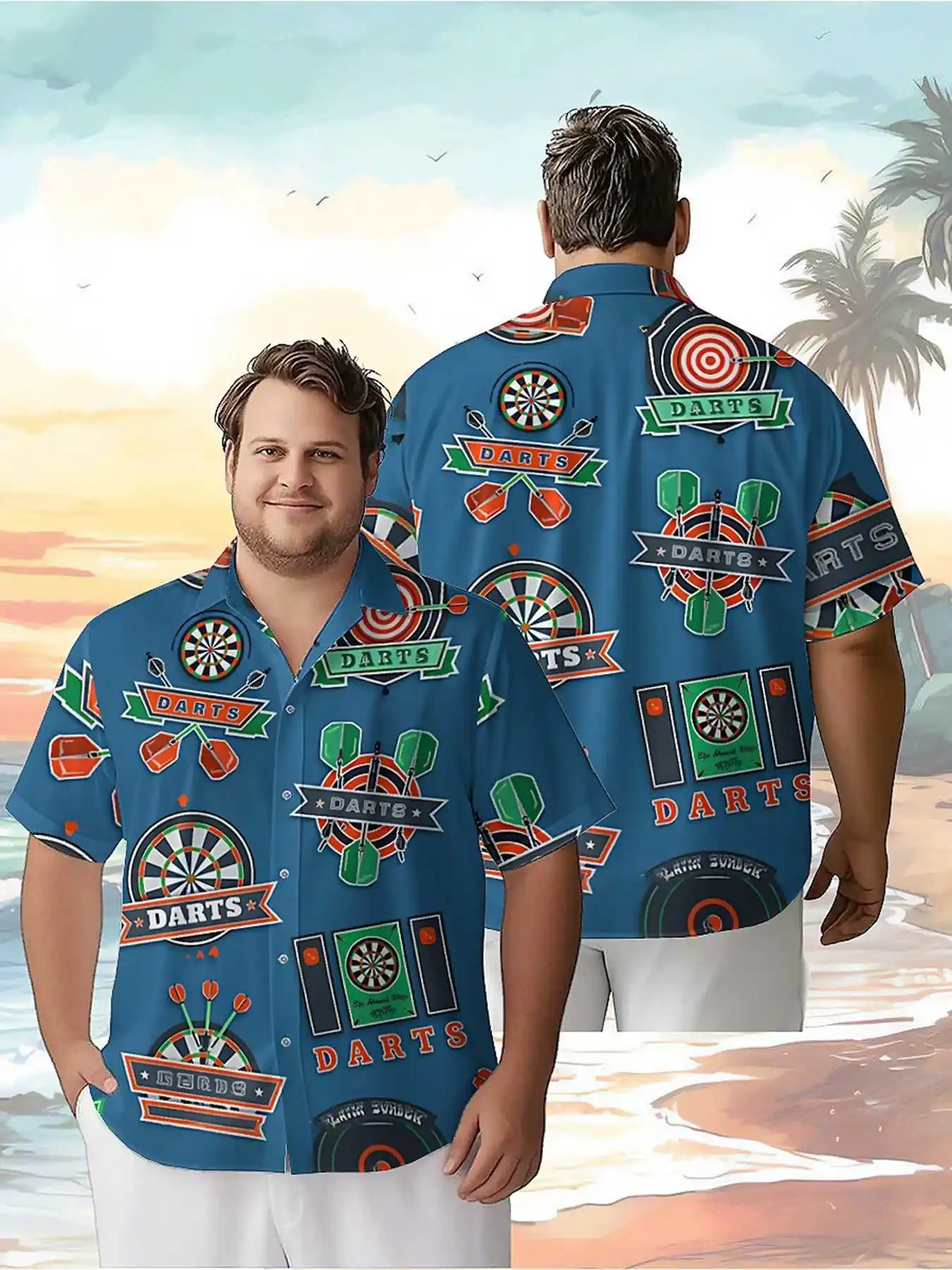 Men's Plus Size Hawaiian Shirts Darts and Frisbees pattern, Summer Casual Tops, Suitable for Outdoor and Party, Streetwear
