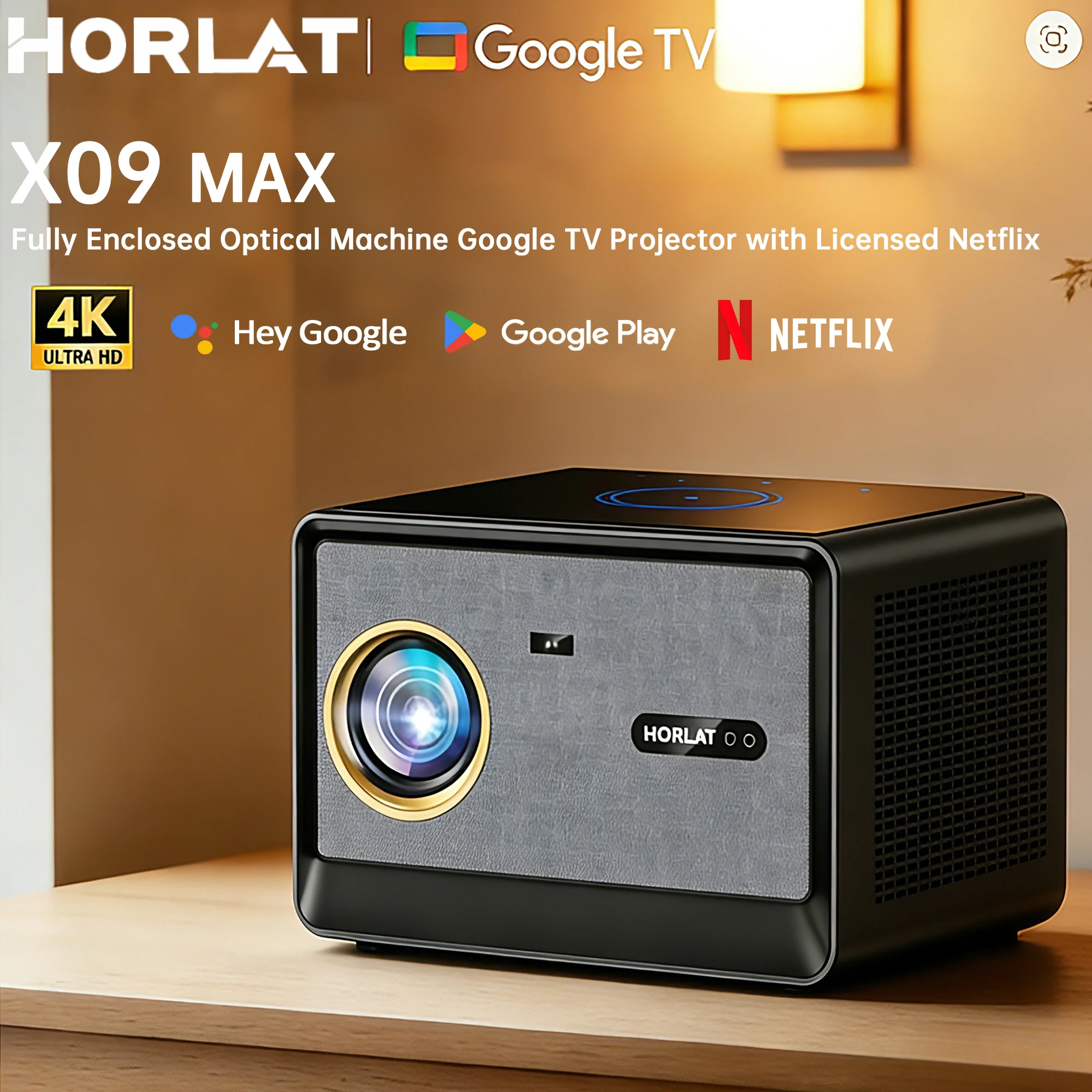 Проектор HORLAT X09MAX Google Android 11 TV, пылезащищенный, 4K видео, умный домашний кинотеатр, Wi-Fi 6, голосовой помощник
