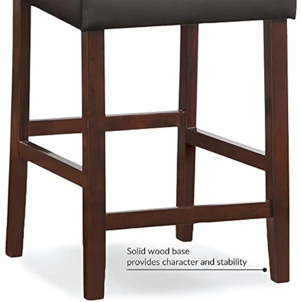 10086CP/EB Upholstered Back Counter Height Stool with Faux Leather Seat and Wood Base, Set of 2, for Kitchen Counters