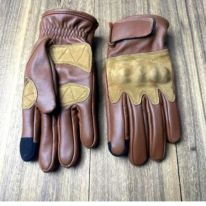 

Retro Motorcycle Riding Gloves Cowhide Men's and Women's Same Four-season Cowhide Genuine Leather Anti-drop Knight Locomotive