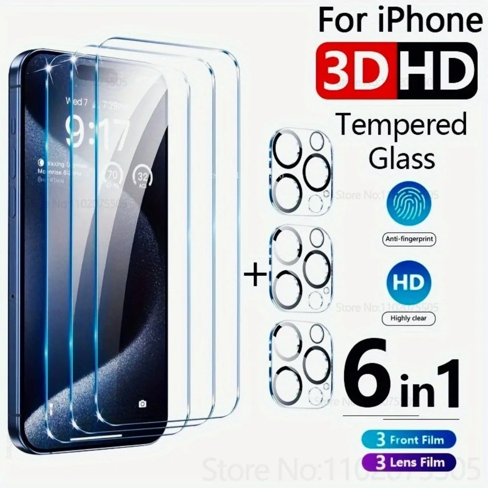 

3Pcs High-Definition Tempered Glass and 3Pcs Lens Film for IPhone 17 Promax 14 15 Plus 17 Air 12 11 Promax 16E 13 Mini 16 Promax