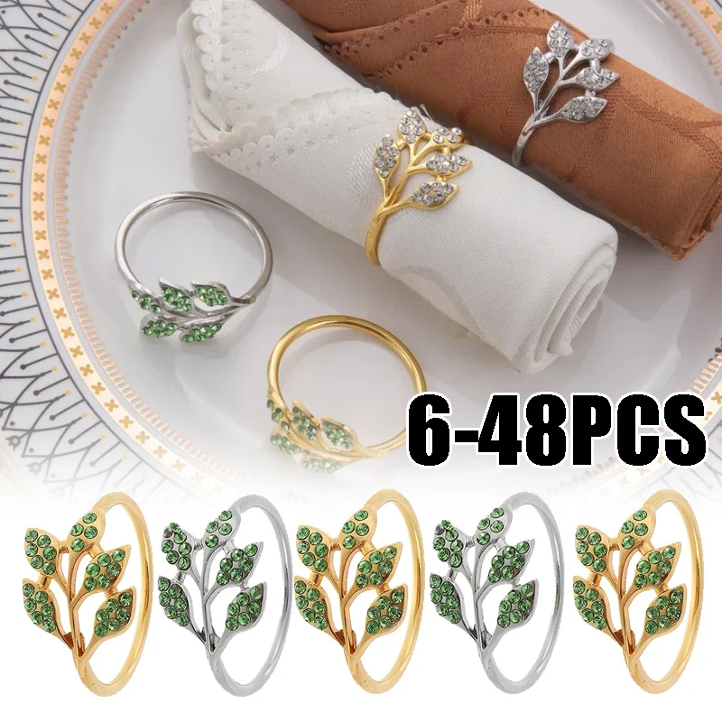 Metal-Tipped Diamond Napkin Ring with Green Leaf Accent Elegant Napkin Holder for Hotel Banquet Table Decor Modern Luxurious