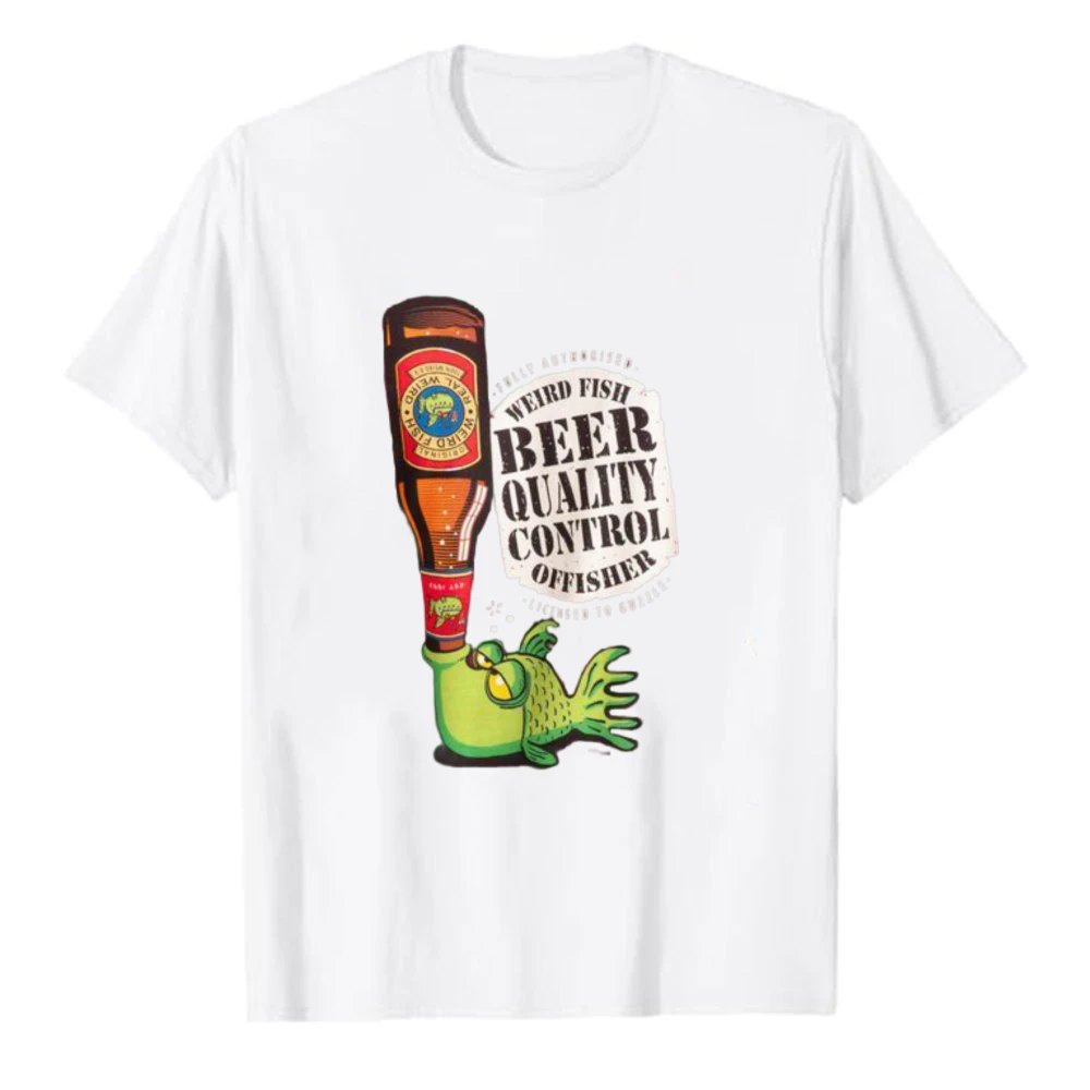 Weird Fish Beer Quality Control Funny Cartoon Fish Beer Bottle Graphic T-Shirt Men Retro Beer Drinking Fisherman Casual Tee Tops