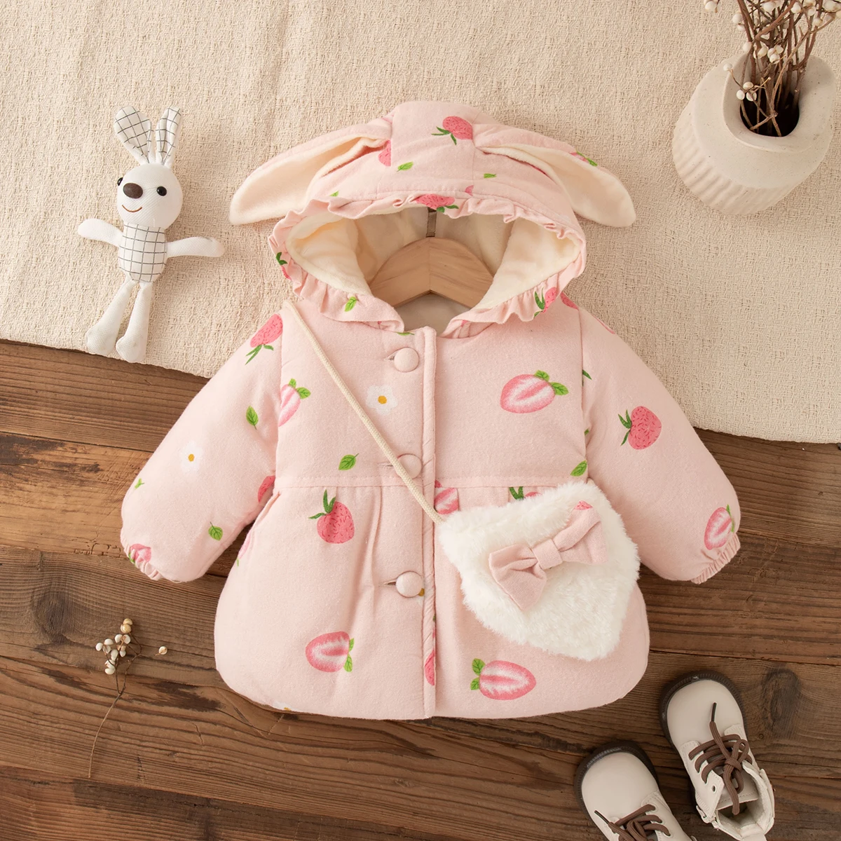 Baby Mädchen Jacke Winter Baumwolle Obst Mit Kapuze Ohren Langarm Baby Mädchen Tops Cartoon Nette Plüsch Mädchen Jacke Baby Kleidung