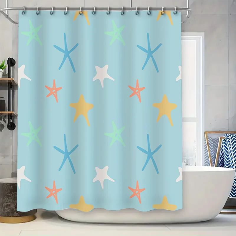 

Bright Blue Shower Curtain with Starfish Prints Modern Home Decor Bathroom Accessories for Living Room or Kitchen Area (180x240c