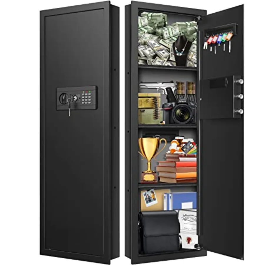 

Wall-mounted fireproof safe for home security, steel construction, black finish, flush-between-stud installation with digital k