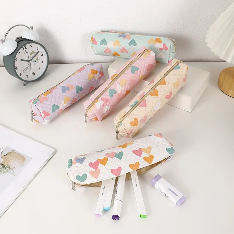 Cute Colourful Love Heart Pencil Case Girls Large Capacity School Pouch Zippered Pencil Case Students School Stationery Bag