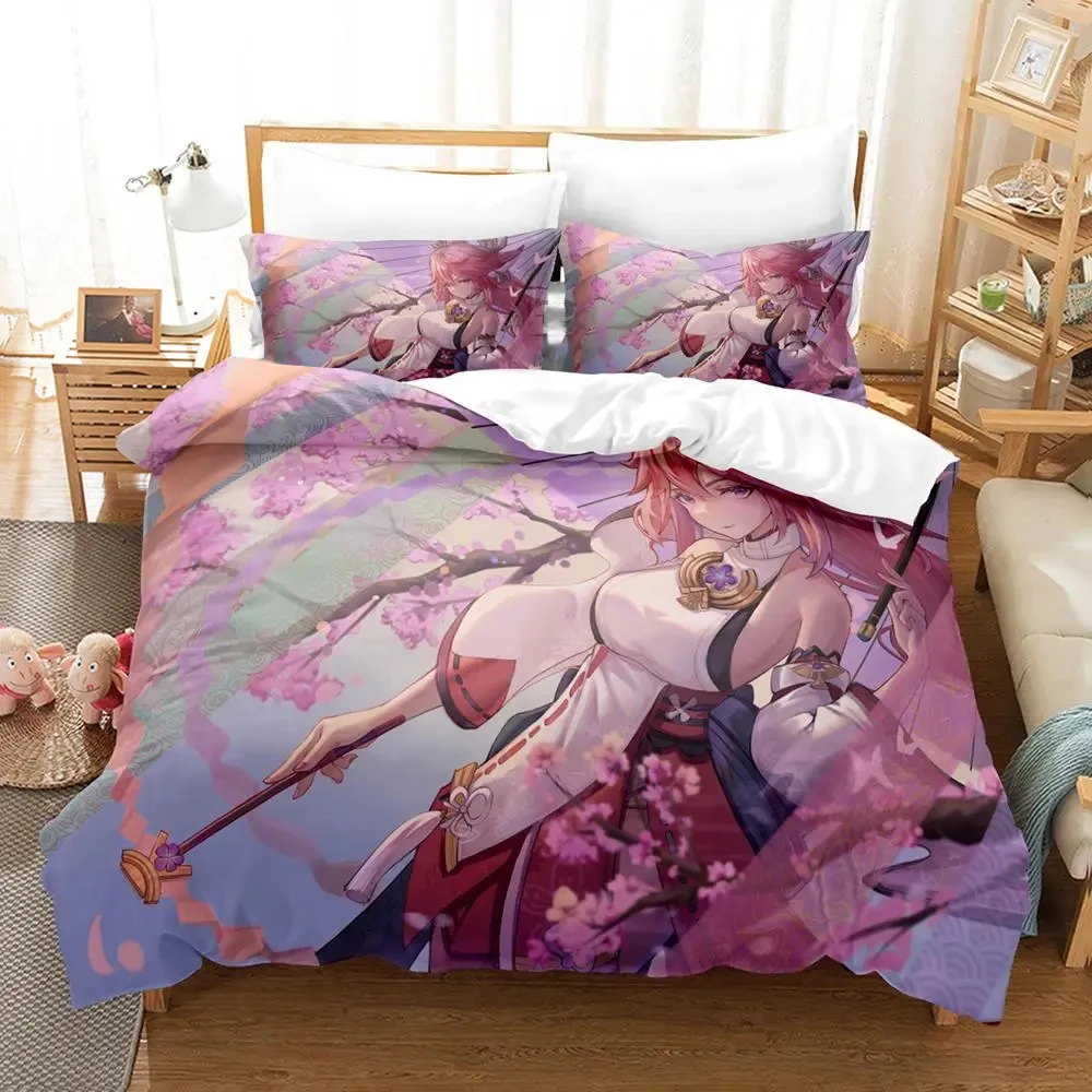 Genshin impact Yae Miko 3D Printed Duvet Cover Set for Boys Bedroom Single Double Full Queen Size Quilt Cover Pillowcase