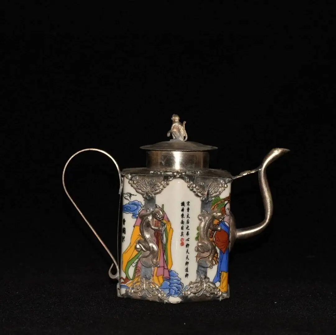 Old Chinese Porcelain Inlay Tibet Silver Hexagonal Eight Immortals Teapot
