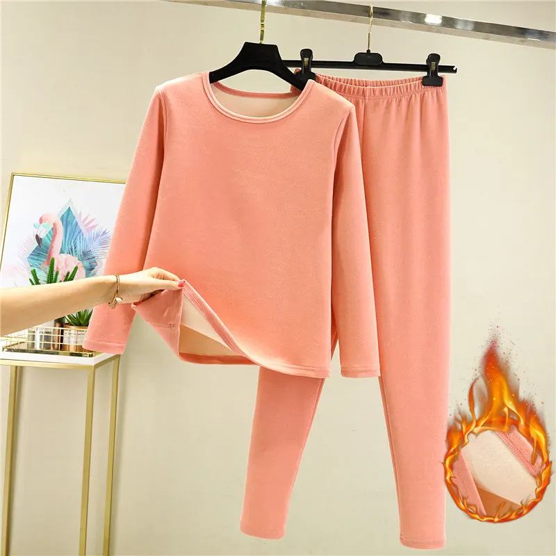 Thickened Velvet Warm Underwear Set for Women Autumn Winter Pure Color Large Size Inner Wear Heating Two Piece Set