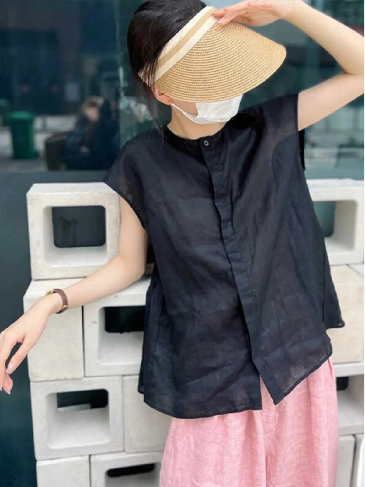 

Женский черный льняной топ-кардиган в Корейском стиле с открытыми плечами и тонкими рукавами для женщин