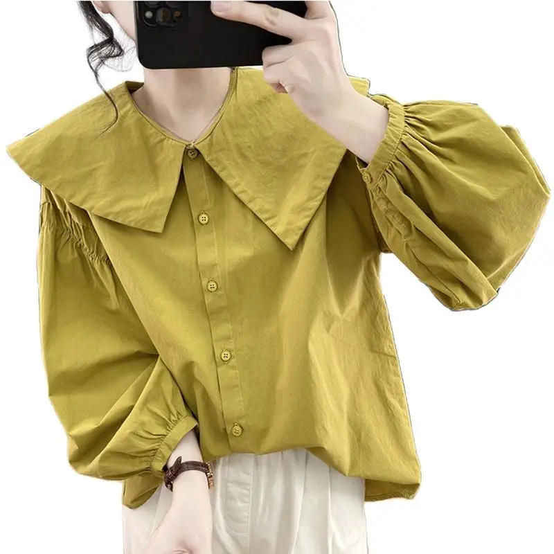 

Elegant Fashion Loose Solid Color Shirt Doll Collar Cotton Long-sleeved Shirt Women's New Spring/summer 2023