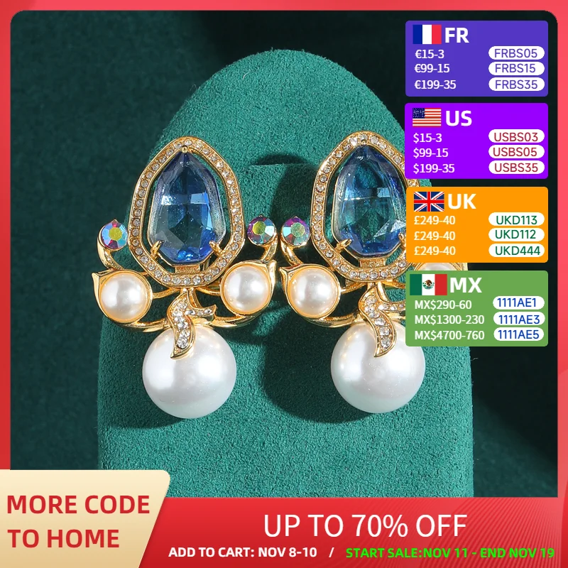 

Vintage Luxury Gold Color Blue Crystal Stud Pearl Earrings Freshwater Party Jewelry Dress Accessories Jewelry Woman 2025 Trends