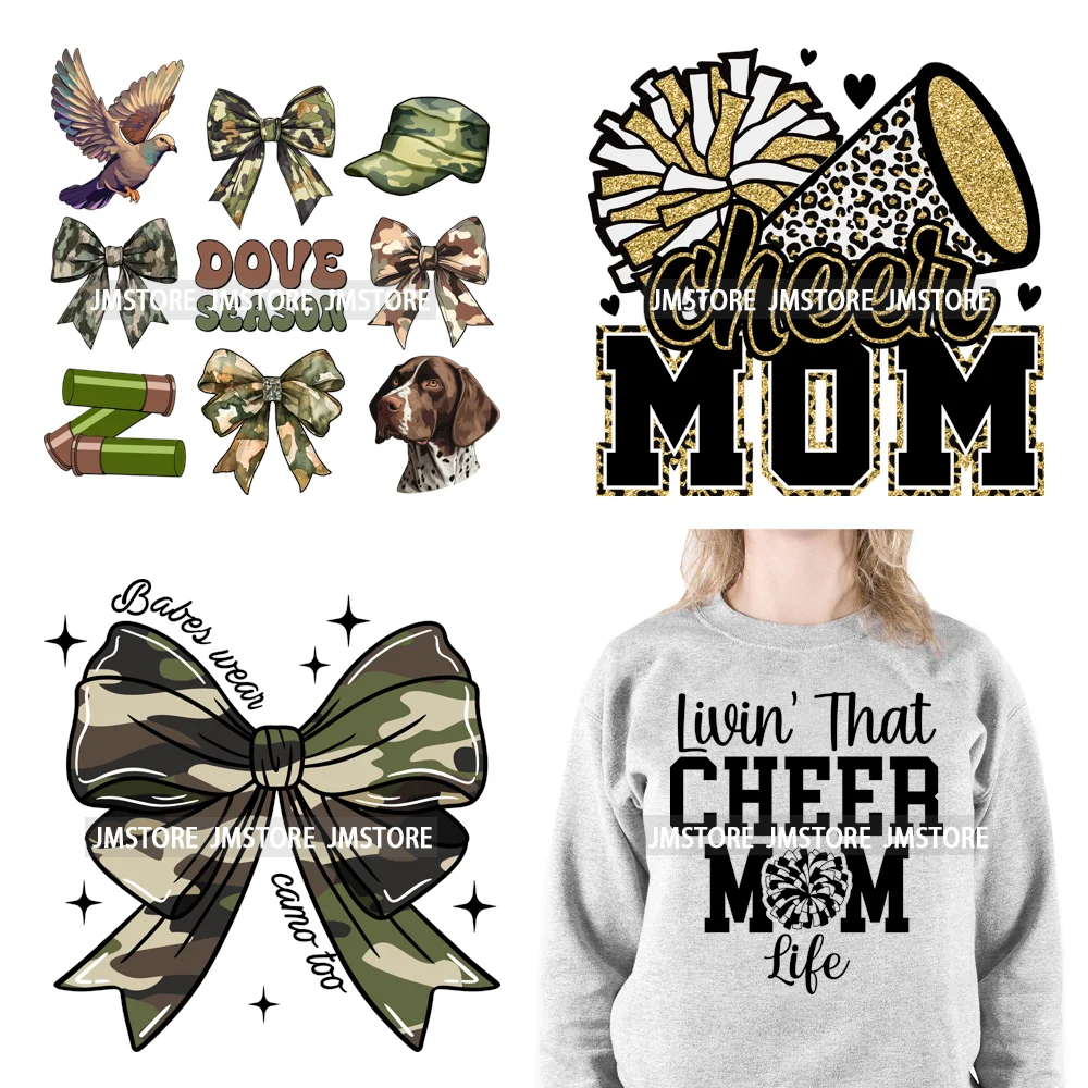 Cheer Mom Life Cheerleader Girls Camo Bow Dove Season Designs Iron On DTF Transfers Stickers pronto per la stampa per i vestiti