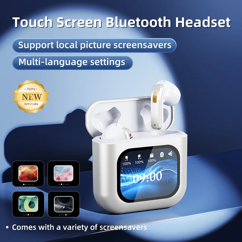 VAORLO Casque sans fil à écran tactile TWS 8 Go MP3 Bluetooth 5.3 Prévisions météo Rappels d'alarme 18 paramètres de langues Écouteurs avec microphone