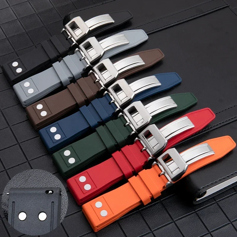 Soft Fluororubber FKM Rubber Watchband For IWC Strap Big Pilot Portofino TOP GUN Watch Band With Rivet