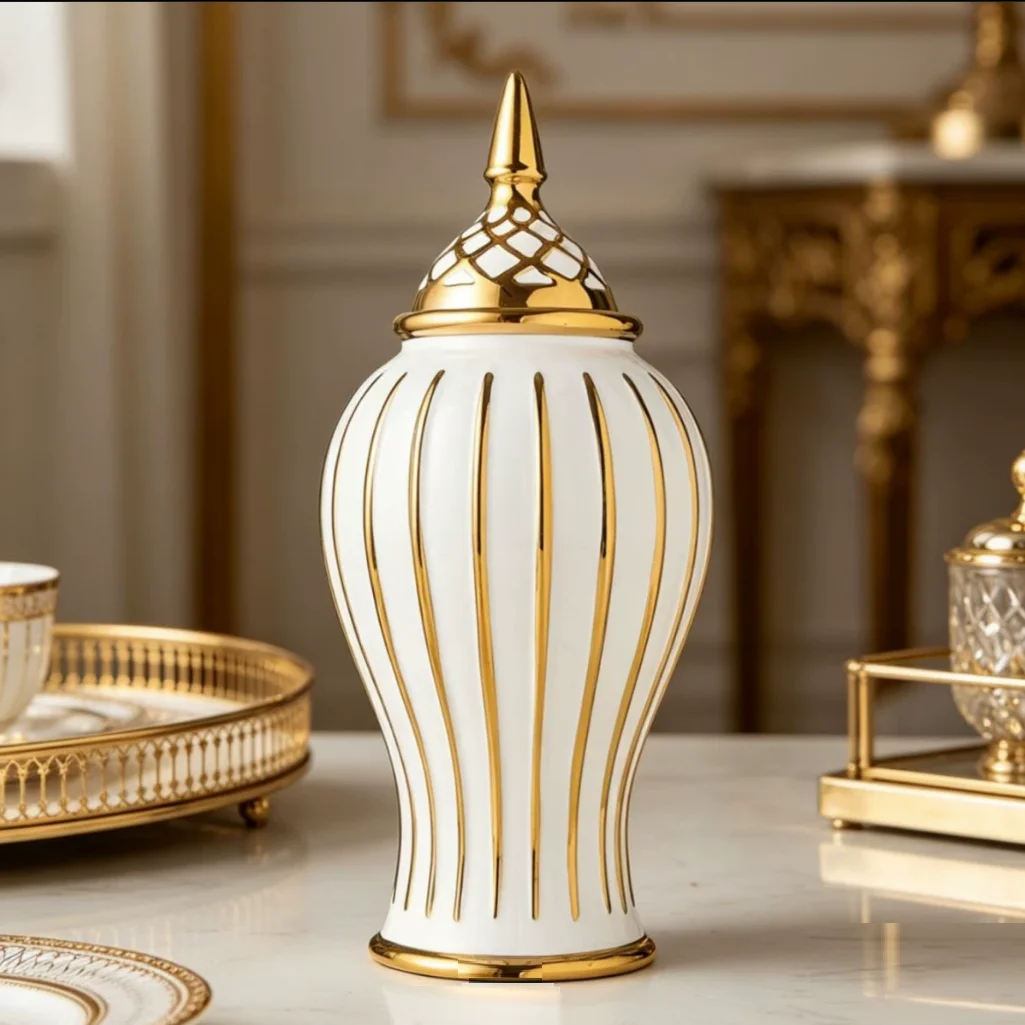 Light luxury ceramic vase ornament with lid, general jar, home, living room, dining room decoration
