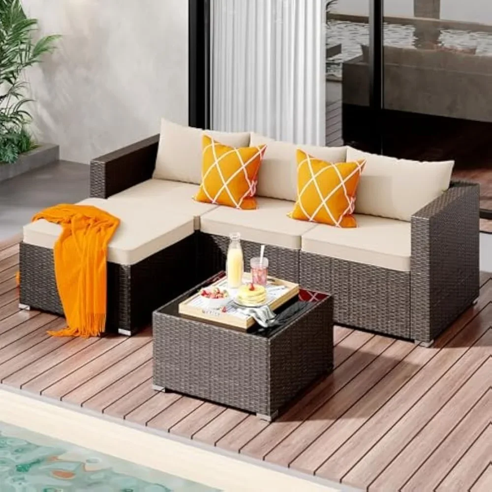 Terrace Sofa, 5-piece Outdoor Terrace All-weather Handmade Rattan Sofa with Cushion and Glass Table, Beige Outdoor Sofa