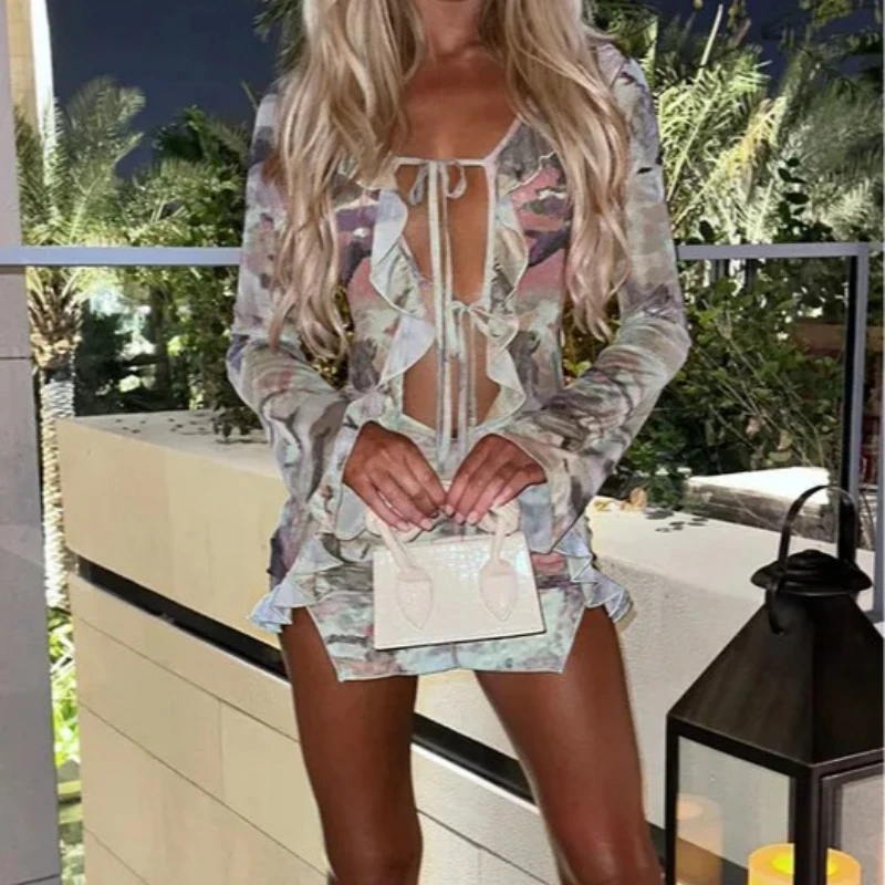 Tie Dye Print Ruffles Bodycon Mini Dress Women Sexy Deep V Neck Lace Up Long Sleeve Split Club Party Dresses Summer Beach Robe